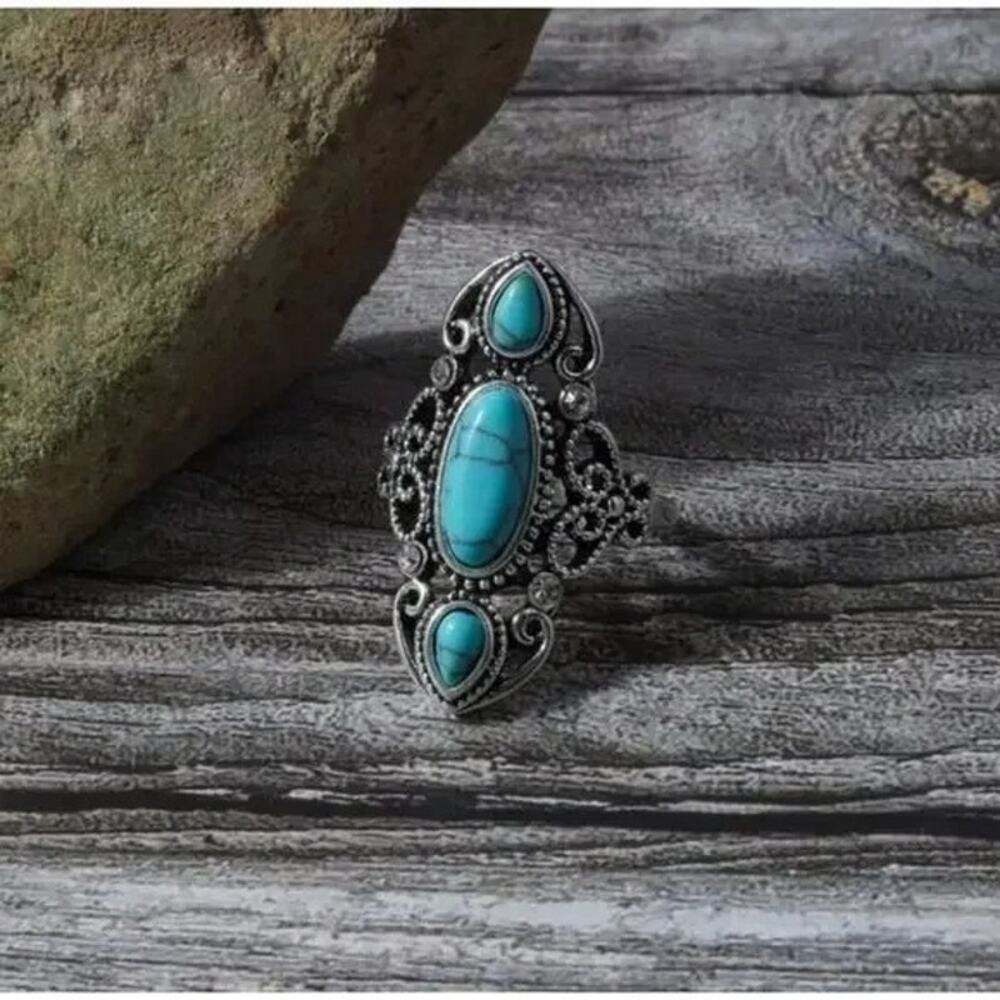 Boho Vintage Style Turquoise Stone Carved Fashion Ring Size 8 Silver Blue A0135 - Picture 14 of 15